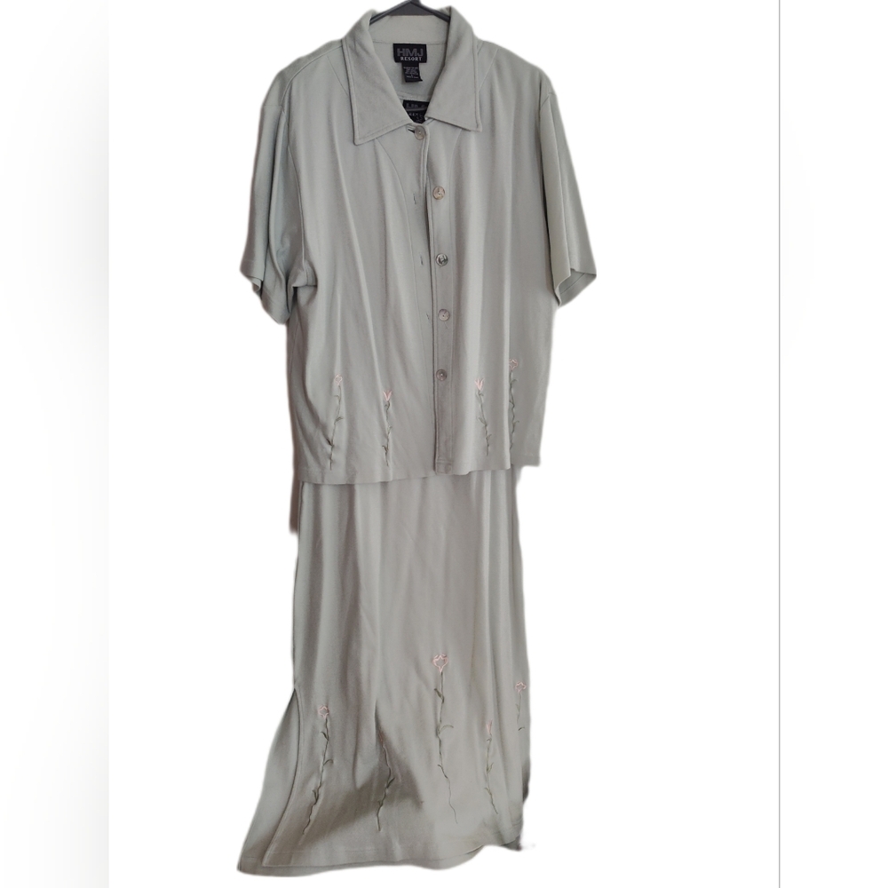 Vintage 90's Two Piece Embroidered Maxi Dress Set (Sage Green)